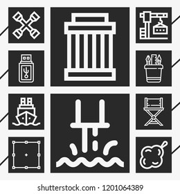 10 equipment  outline style icons about industry, pendrive, edit, sponge, crane, cross wrench, pulley, pencil case, ship