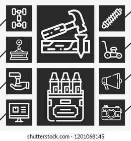 10 equipment  outline style icons about carpenter, speaker, camera, crayons, computer, wash, shock absorber, lawn mower, crane