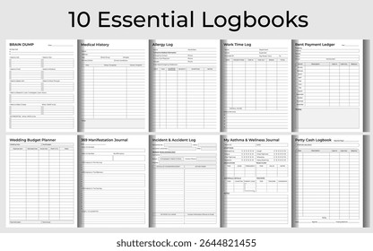 Conjunto de pacotes do rastreador dos 10 diários essenciais. Ilustração de vetor para KDP Interior. Livros de registro para uso pessoal, médico e profissional.