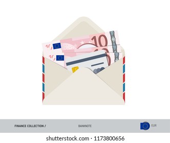 10 Euro Banknote. Flat style opened envelope with cash. Euro banknotes and credit card. Salary payout or bank transaction concept.