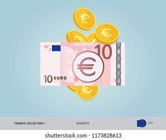 10 Euro Banknote with flying coins. Flat style vector illustration. Finance concept.