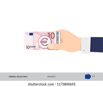 10 Euro Banknote. Hand gives money. Flat style vector illustration. Salary payout or corruption concept.