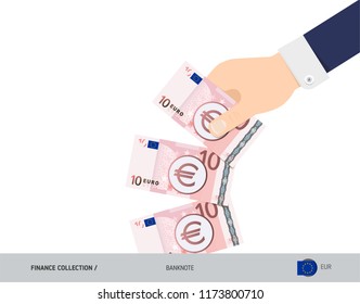10 Euro Banknote. Hand throwing banknote. Flat style vector illustration. Waste of money concept.