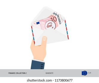 10 Euro Banknotes in envelope hold in hand. Flat style opened white envelope with cash. Salary payout or corruption concept.