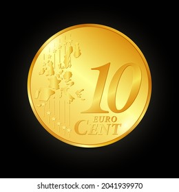 10 euro cent golden coin, luxury shining coin, realistic vector illustration, isolated elements. EUR currency.