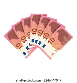 10 euro money banknotes fan isolated on white background. Europen bill cash money. Ten euro. Vector stock
