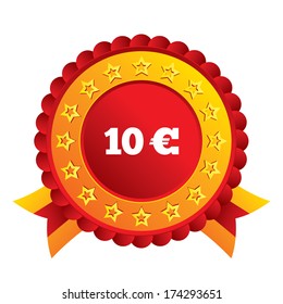 10 Euro sign icon. EUR currency symbol. Money label. Red award label with stars and ribbons. Vector