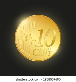 10 eurocent coin. Vector illustration. Shining coin on the black background close up.