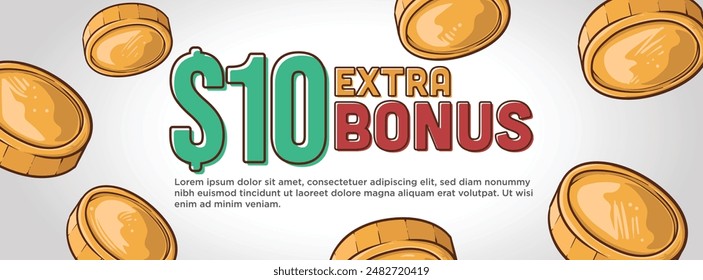 10 extra bonus editable web banner template.flying coin money. clean modern banner concept vector illustration.