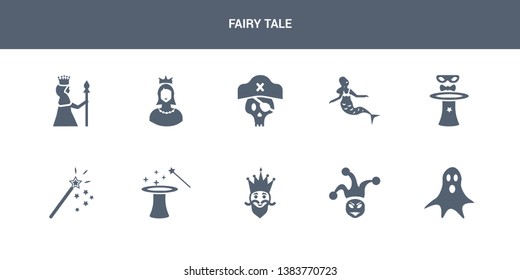 10 fairy tale vector icons such as ghost, joker, king, magic, magic wand contains magician, mermaid, pirate, princess, queen. fairy tale icons