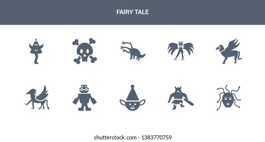 10 fairy tale vector icons such as female medusa, giant, goblin, golem, griffin contains gryphon, harpy, hydra, jolly roger, karakasakozou. fairy tale icons