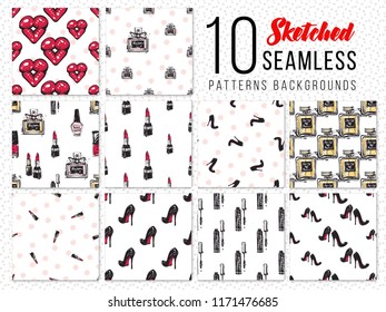 10 fashion seamless patterns. Glamour sketched elements on repeatable backgrounds. Collection of fashion backdrops for woman and young girl.
