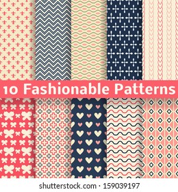 10 Fashionable vector seamless patterns (tiling). Retro pink and blue colors. Endless texture can be used for printing onto fabric and paper, scrap booking. Set of abstract pretty chic background