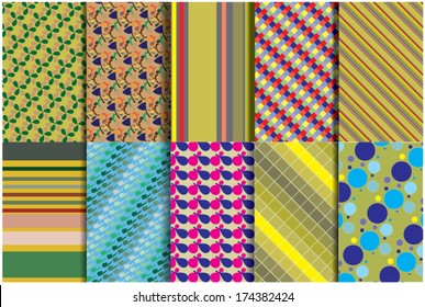 10 Fashionable vector seamless patterns (tiling). Retro pink and blue colors. Endless texture can be used for printing onto fabric and paper, scrap booking. Set of abstract pretty chic background 