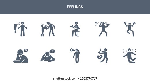 10 feelings vector icons such as great human, guilty human, happy human, heartbroken helpless contains hopeful hopeless horrible hot hungry feelings icons