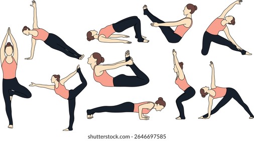 10 Female Yoga Poses Collection. Tree, Side Plank, Dancer, Bridge, Bow, Boat, Gate, Chair, Triangle and Four Limbed Staff Poses. Perfect for yoga class, fitness, wellness, and meditation designs.