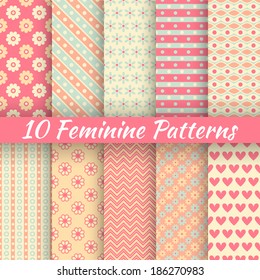 10 Feminine vector seamless patterns (tiling). Fond pink and blue colors. Endless texture can be used for printing onto fabric and paper or invitation. Heart, flower, dot, diagonal stripe shape.