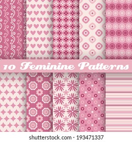 10 Feminine Vector Seamless Patterns (tiling). Fond Pink And White Colors. Endless Texture Can Be Used For Printing Onto Fabric And Paper Or Invitation. Heart, Flower, Dot, Stripe Shape.