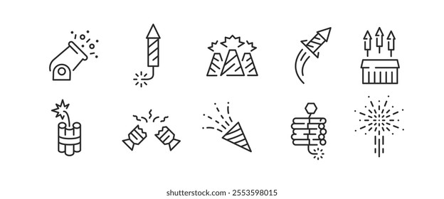 10 Fireworks icons. Large set of various fireworks trendy minimal icons. Includes sparklers, rockets, firecrackers, aerial bursts. Vector illustration