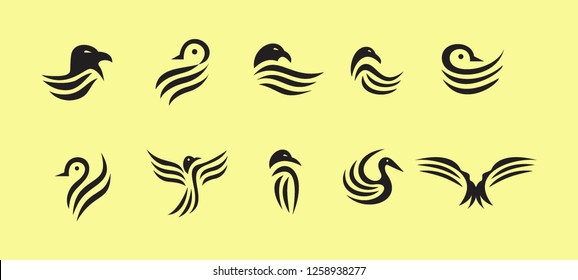 10 flat bird with simple curves logo icon collection pack bundle