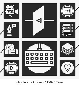 10 flat  filled style icons about video player, shuffle, video camera, keyboard, layers, exit, book, pen, sofa