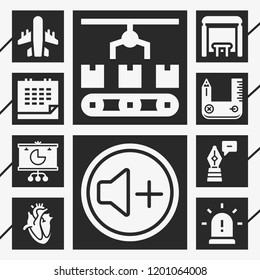 10 flat  filled style icons about volume, heart, pie chart, design tool, pen, siren, calendar, bus stop, conveyor
