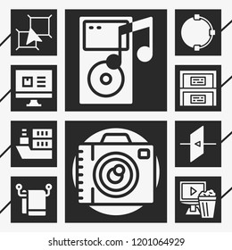 10 Flat  Filled Style Icons About Video Player, Ipod, Photo Camera, , Layers, Exit, Cabinet, Towel, Boat