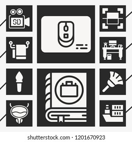 10 flat  filled style icons about torch, bladder, video camera, select, mouse, desk, manual, towel, boat