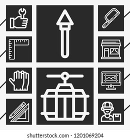 10 flat  outline style icons about spear, saw, ruler, postman, computer, gloves, wrench, cable car cabin, ruler and pencil