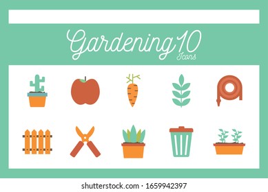 10 diseño de conjunto de iconos de estilo plano, Jardín plantar ecología de la naturaleza al aire libre y tema botánico Ilustración vectorial