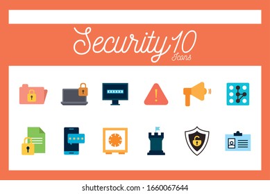10 flat style icon set design of Security system warning protection danger web alert and safe theme Vector illustration