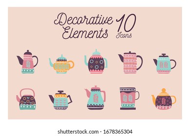 10 flat style icon set design, Cook kitchen decorative elements eat food restaurant home menu dinner lunch cooking and meal theme Vector illustration