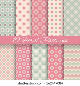 10 Floral different vector seamless patterns (tiling). Pink and blue shabby color. Endless texture can be used for printing onto fabric and paper or scrap booking. Flower abstract shape.