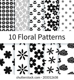 10 Floral different vector seamless patterns (tiling). Endless texture can be used for wallpaper, pattern fills, web page background, textures. Set of monochrome flower ornaments.