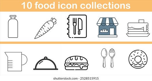 10 food icon collections. The collection includes various food items such as carrots, sandwiches, donuts, and spoons
