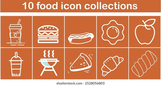 10 food icon collections. Each collection has a different food item. The collection includes a sandwich, a hot dog, a pizza, an egg, a cup of coffee, a donut, a bowl of soup, a grilled cheese sandwich