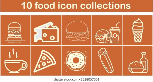 10 food icon collections. Each collection has a different food item. The images are in different colors and styles