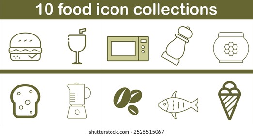 10 colecciones de íconos de comida. Estos son iconos de alimentos que se utilizan para representar diferentes tipos de alimentos. Los iconos incluyen un sándwich, una taza, un vaso, una botella, un tazón, una cuchara, un tenedor, un cuchillo, un microondas