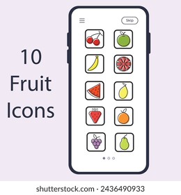10 fruit icons apple, pear, banana, lemon, watermelon, strawberry, orange, grapes,cherry, grapefruit. Flat icon