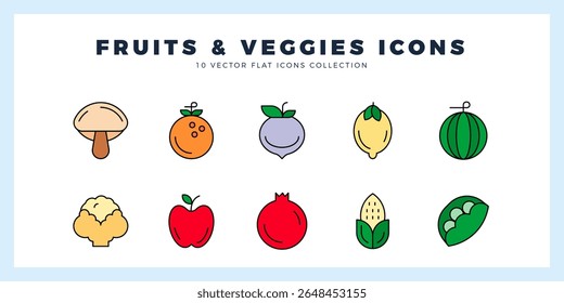 10 Fruit and Veggies Lineal Color icon pack. ilustração vetorial.