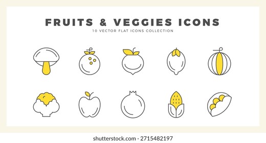 10 Fruit and Veggies Two Color icon pack. ilustração vetorial.