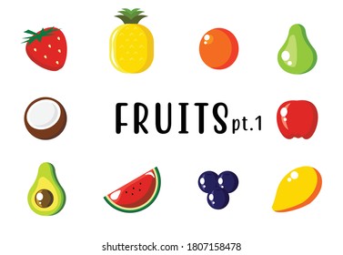 10 vectores de frutas en fondo aislado. Mango de pera de arándano de fresa de melón de piña de manzana de manzana de naranja. Aguacate. Coco. Alimentos frescos y saludables. Establecer el diseño de iconos. 