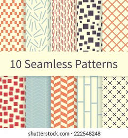 10 Geometric Fashion different vector seamless patterns (tiling). Endless texture can be used for wallpaper, pattern fills, web page background, textures. Set of monochrome geometric ornaments.