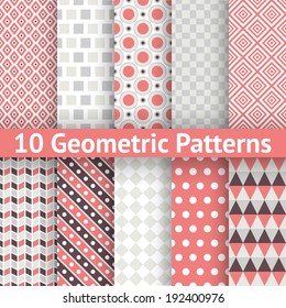 10 Geometric patterns (tiling). Set of vector seamless abstract vintage backgrounds. Retro red, grey and white colors. Endless texture can be used for printing onto fabric and paper. Elegant ornaments