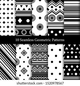 10 patrones geométricos sin fisuras en colores blanco y negro
