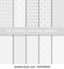 10 geometric seamless patterns. Grey and white texture. Vector background