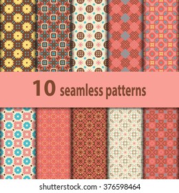 10 geometric seamless patterns set, retro style vector backgrounds collection.