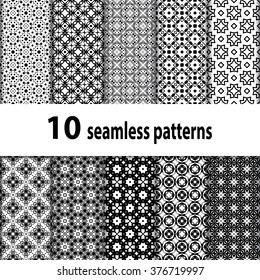 10 geometric seamless patterns set, black and white vector backgrounds collection.