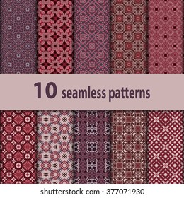 10 geometric seamless patterns set, retro style vector backgrounds collection.