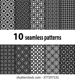 10 geometric seamless patterns set, black and white vector backgrounds collection.